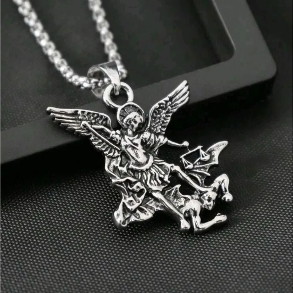 925 Silver Plated Archangel St. Michael Necklace Christmas Birthday Vtg Gift NEW